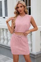 Round Neck Sleeveless Top Drawstring Skirt Set (3)