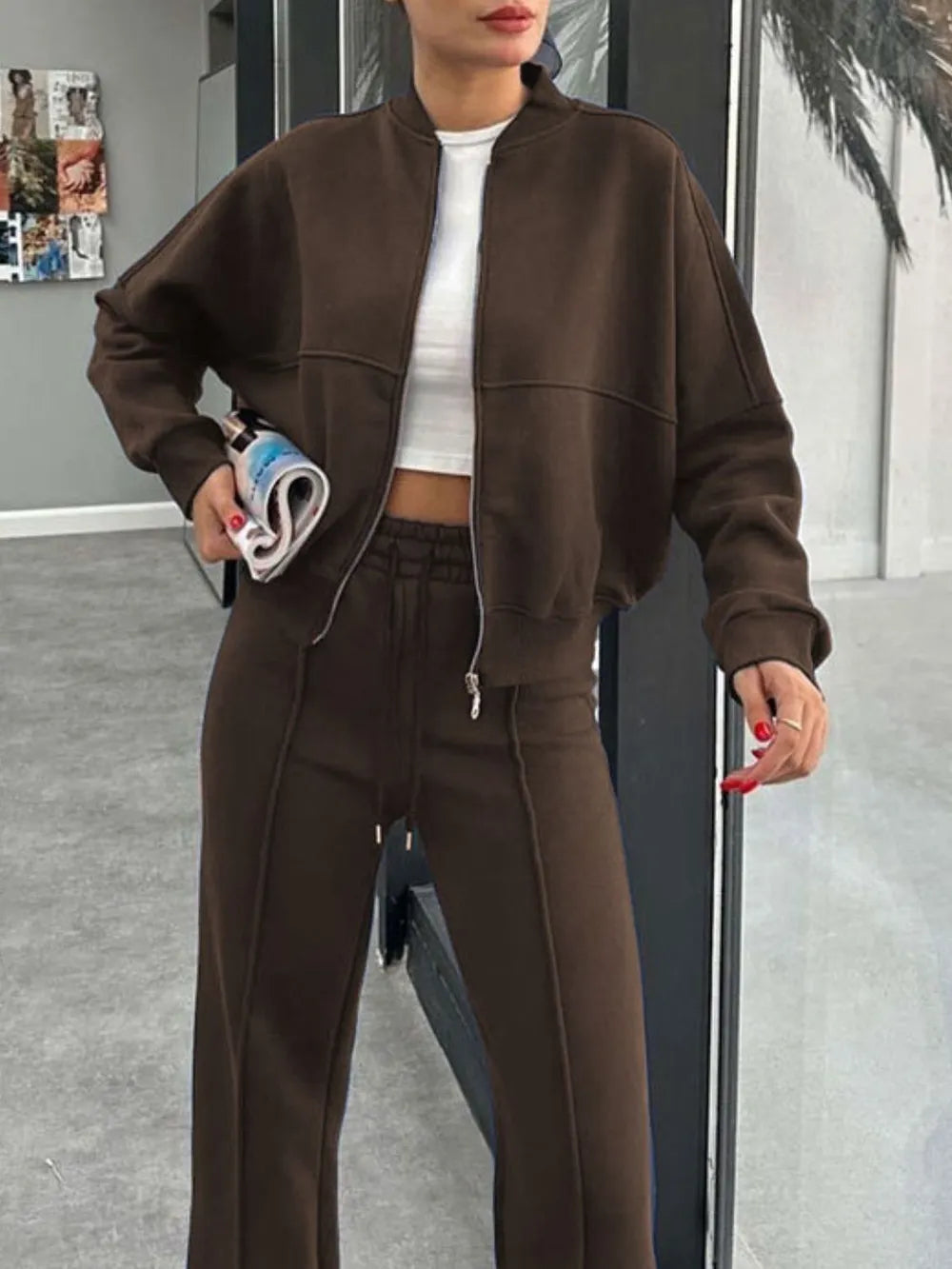 Baseball Collar Zip Up Outerwear Drawstring Pants Set (10)