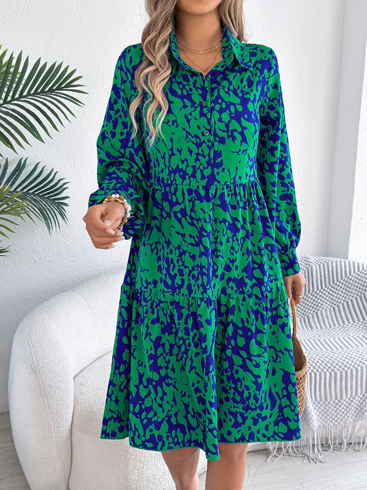 Printed Collared Neck Long Sleeve Dress (4)