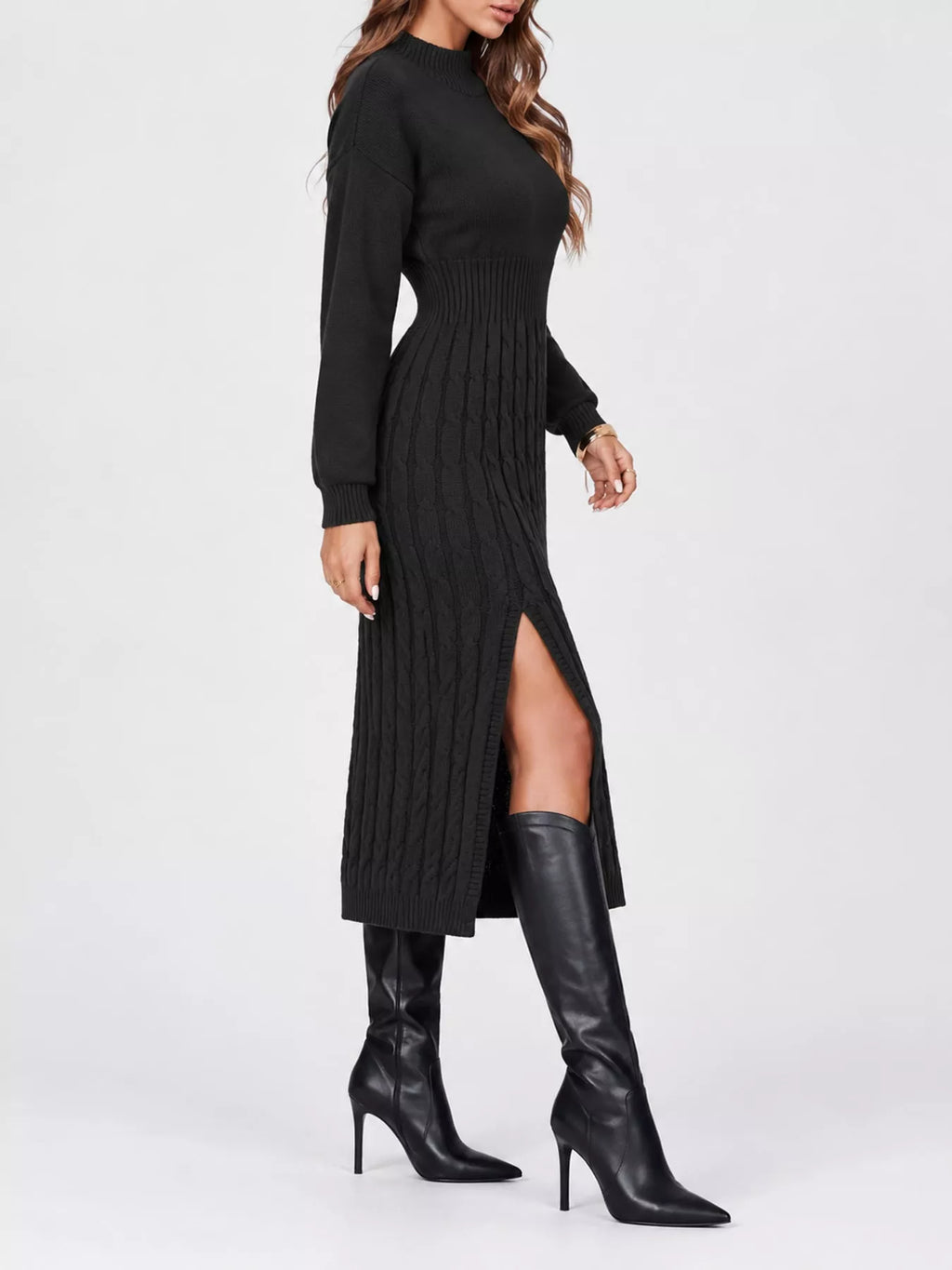 Full Size Mock Neck Cable Knit Sweater Dress Front Slit Plus (13)