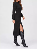 Full Size Mock Neck Cable Knit Sweater Dress Front Slit Plus (13)