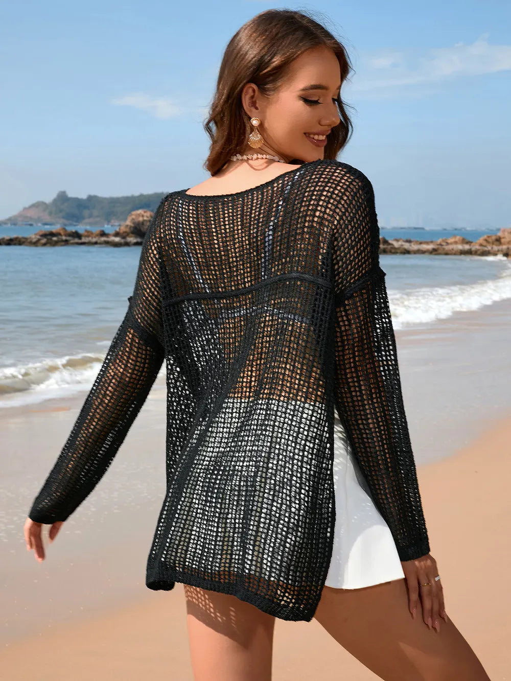 Openwork Slit Boat Neck Long Sleeve Cover-up (14)