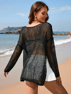 Openwork Slit Boat Neck Long Sleeve Cover-up (14)
