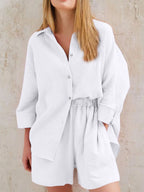 Texture Button Up Shirt Shorts Set