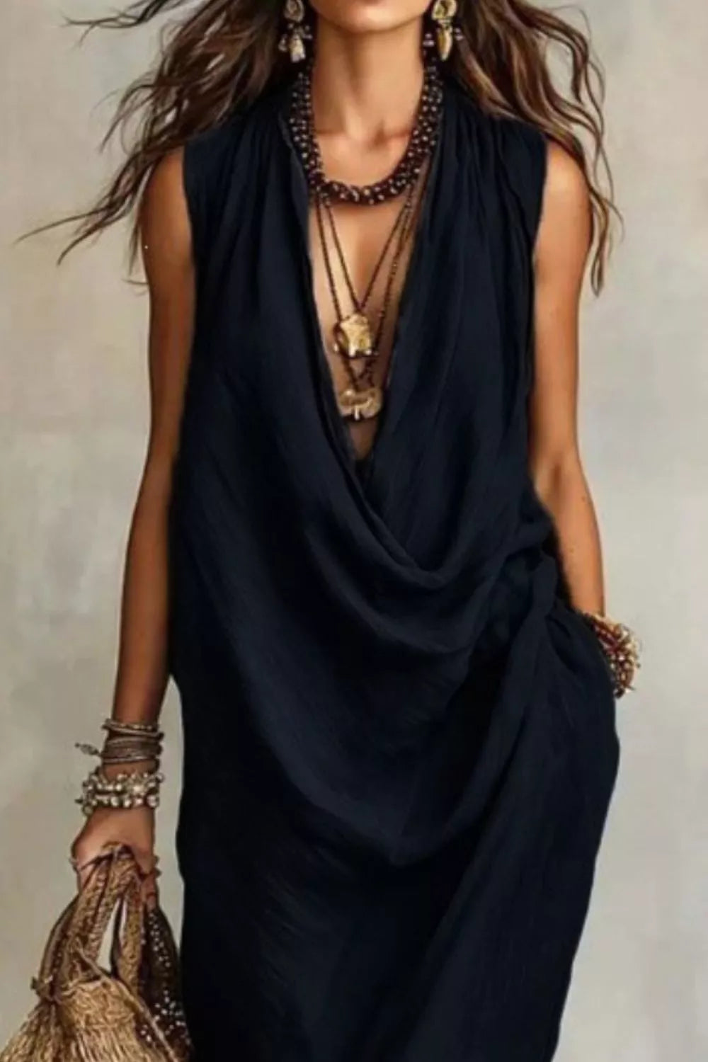 Sleeveless Drape Neck Midi Dress (11)