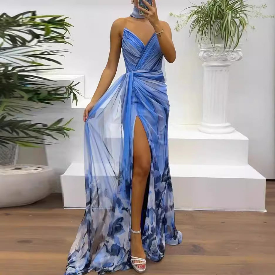 Summer Sleeveless Elegant Slit Print Dress photo 1
