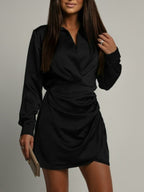 Collared Neck Long Sleeve Satin Dress (2)