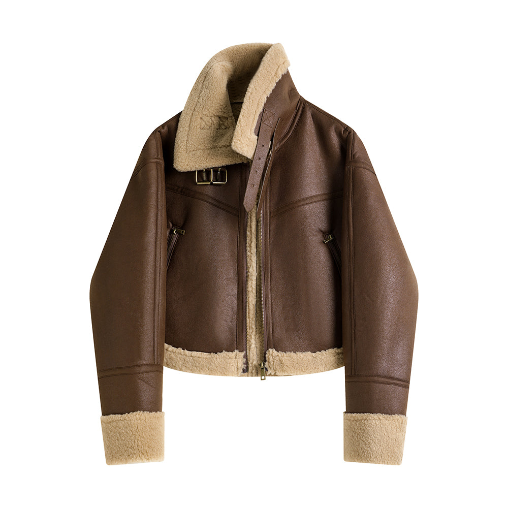 Stand Collar Fur Integrated Lamb Short Coat variant CJYD196824301AZ|CJYD196824302BY
