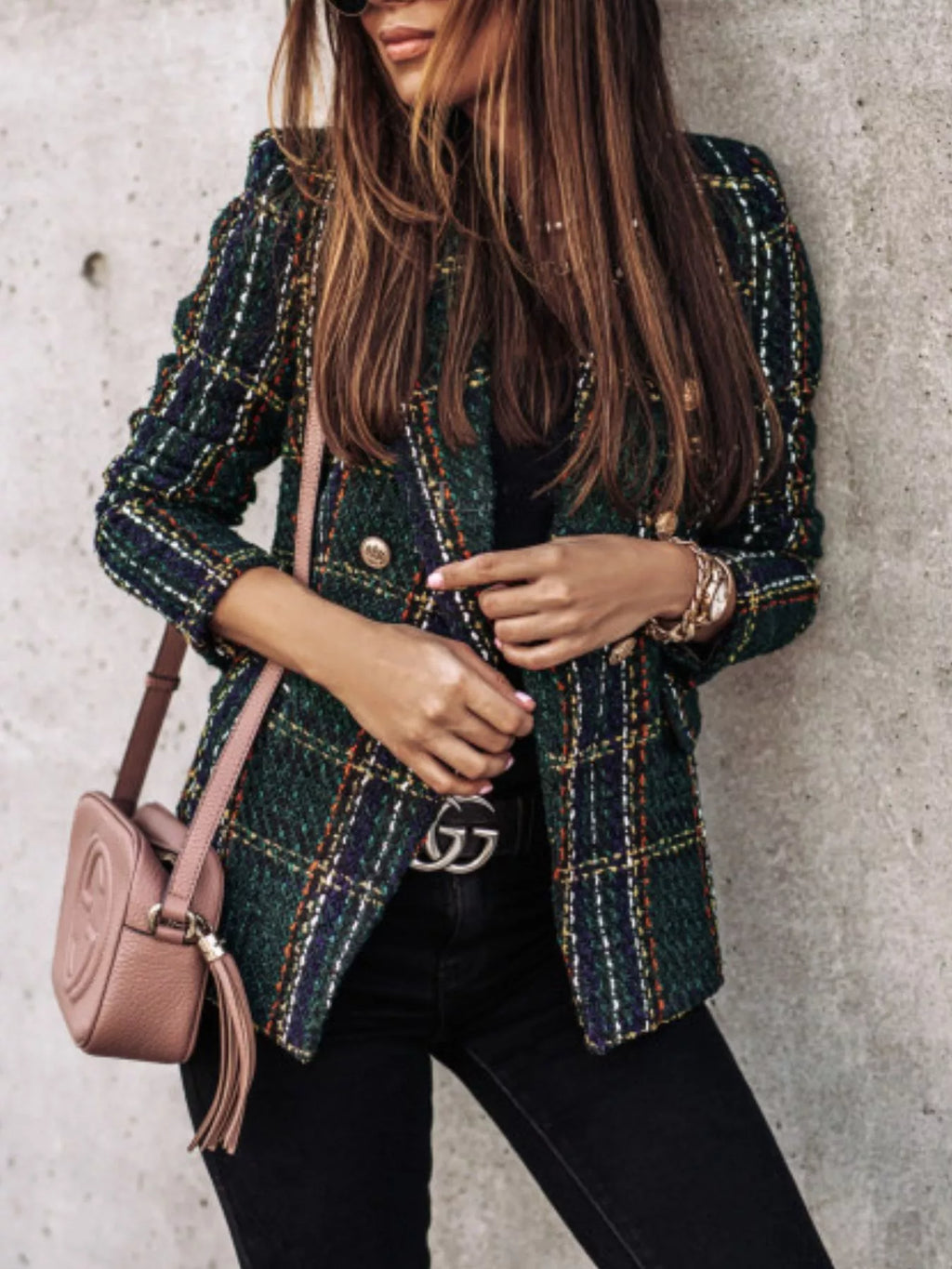 Full Size Plaid Tweed Double-breasted Blazer Plus (7)