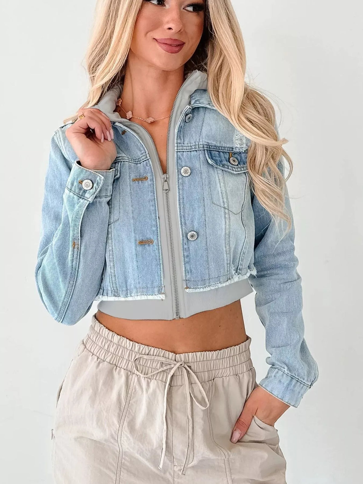 Distressed Zip Up Cropped Hooded Denim Jacket (7)