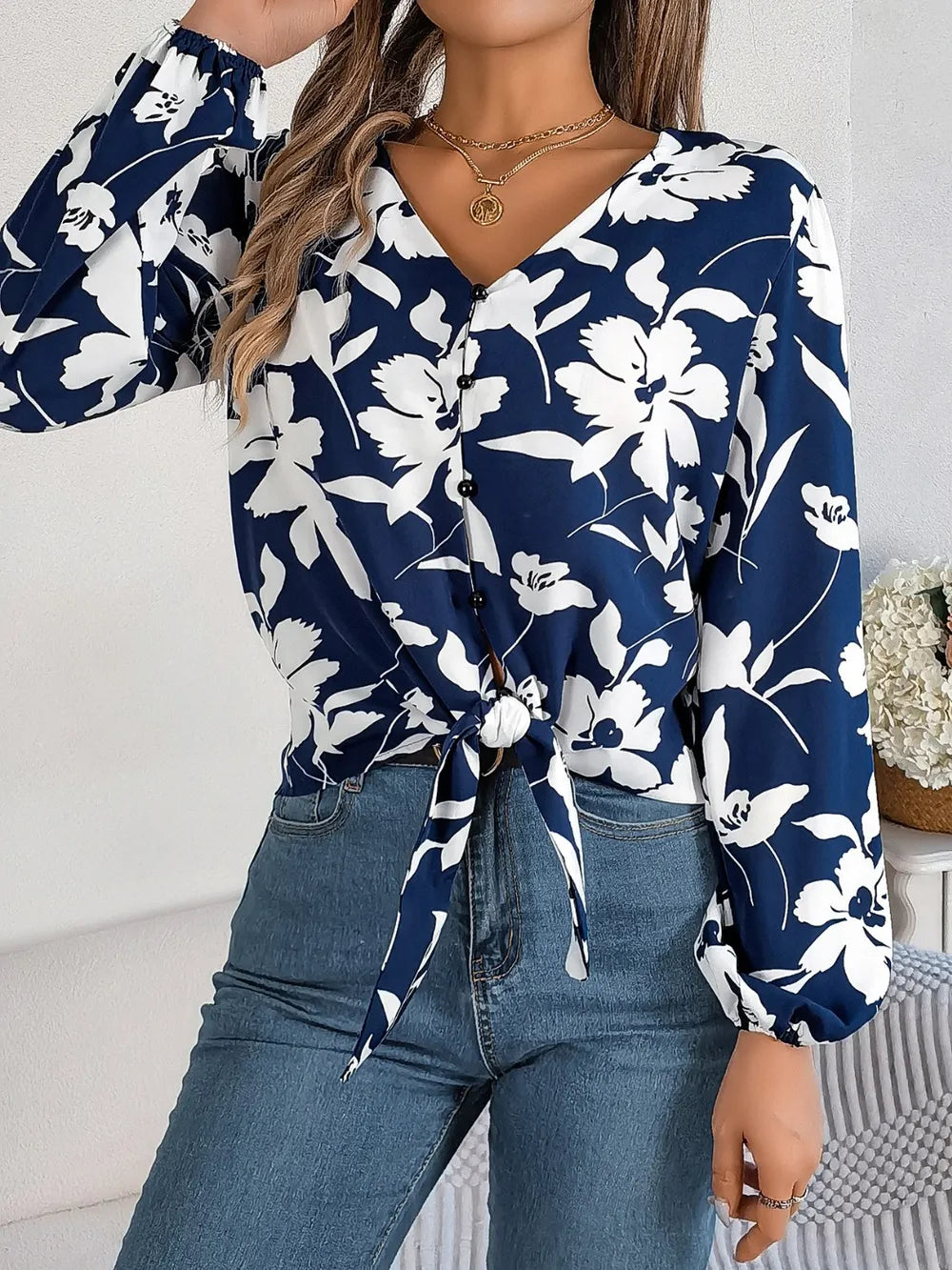 Printed V-neck Long Sleeve Blouse (15)