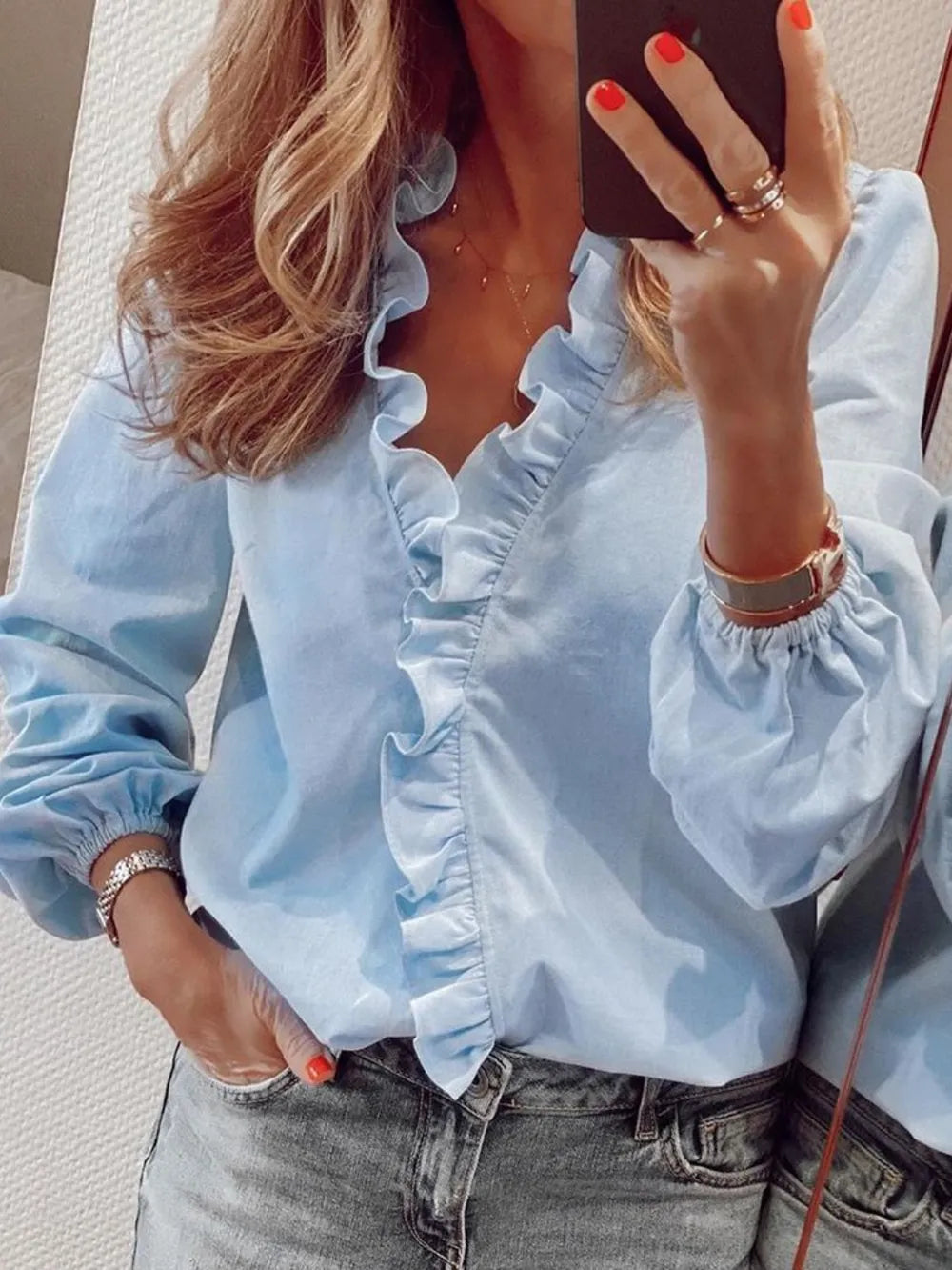 Ruffled V-neck Long Sleeve Blouse (2)