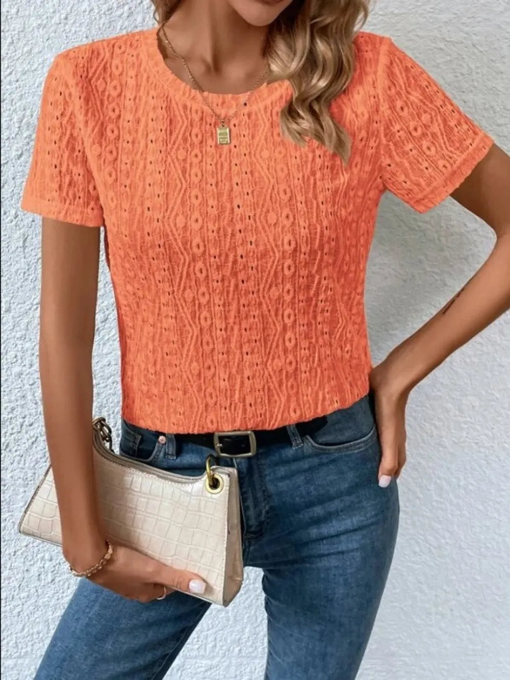 Eyelet Round Neck Short Sleeve T-shirt (14)