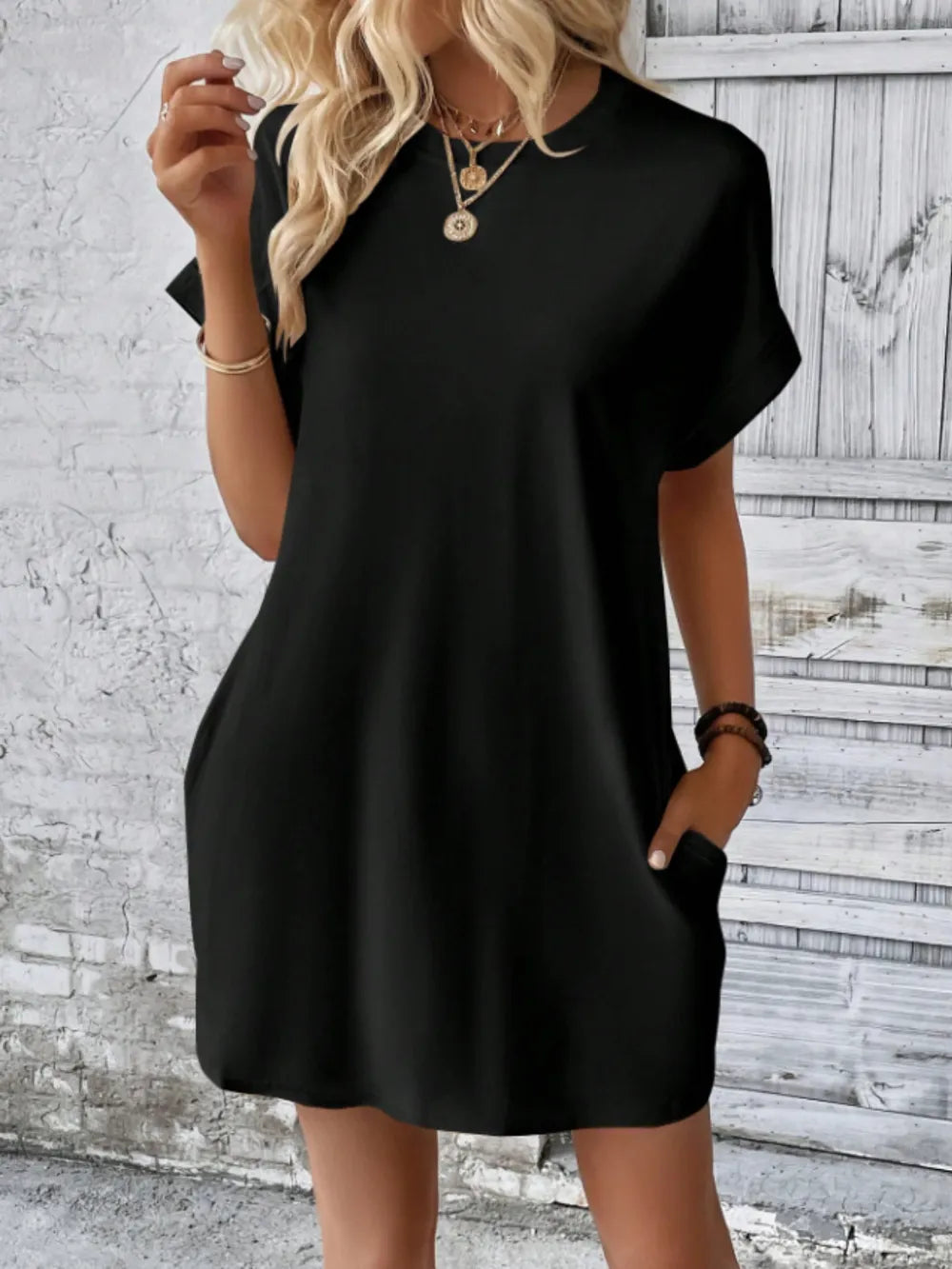 Round Neck Short Sleeve Mini Tee Dress Pockets (15)