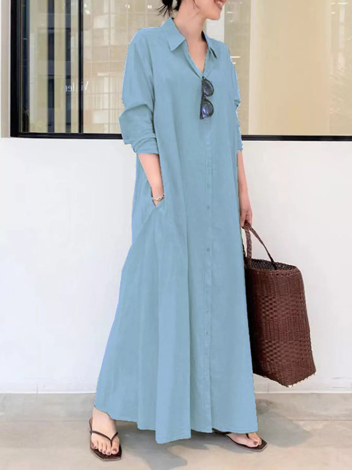 Full Size Button Front Long Sleeve Maxi Shirt Dress Plus (14)