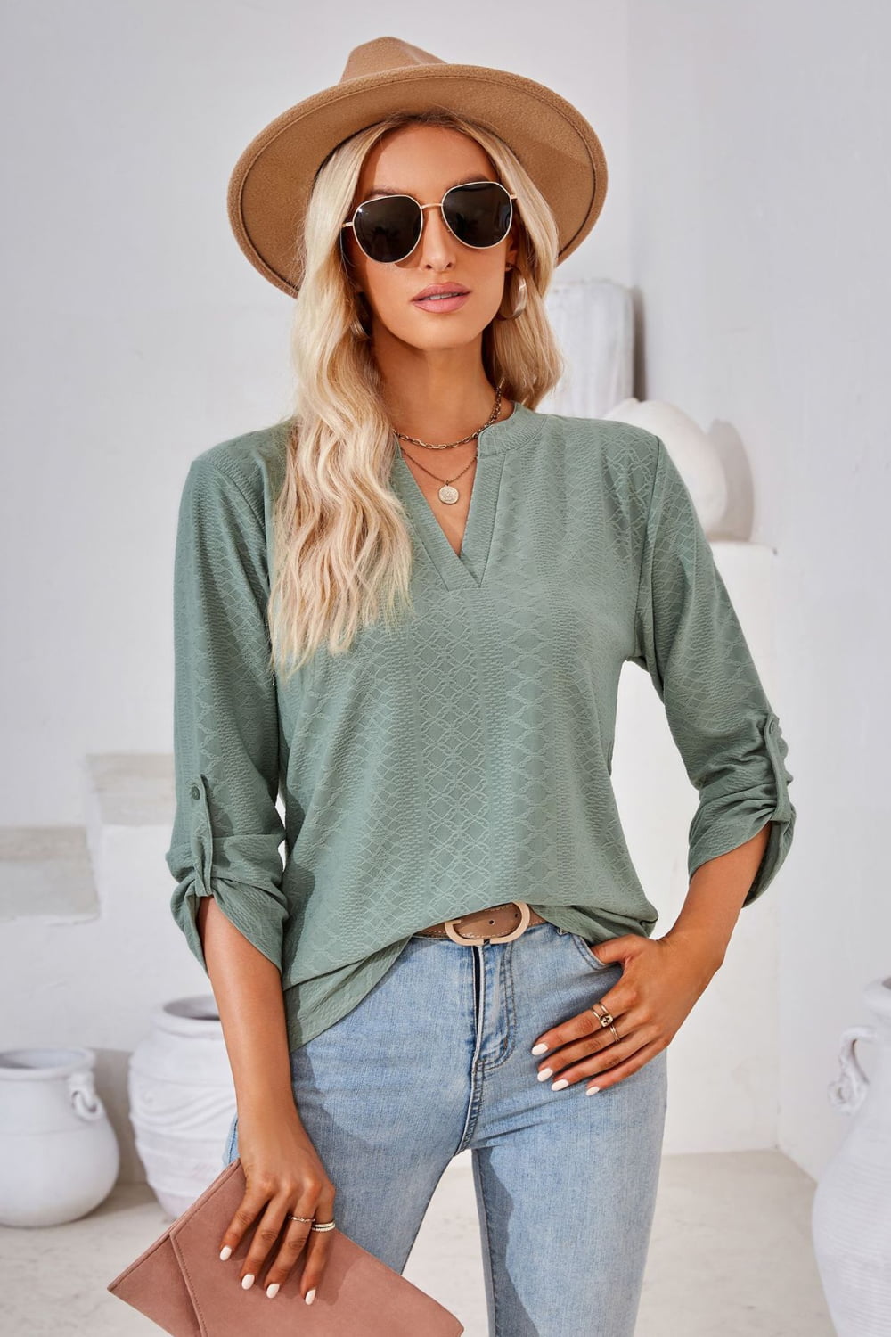 V-neck Roll-tap Sleeve Blouse (14)