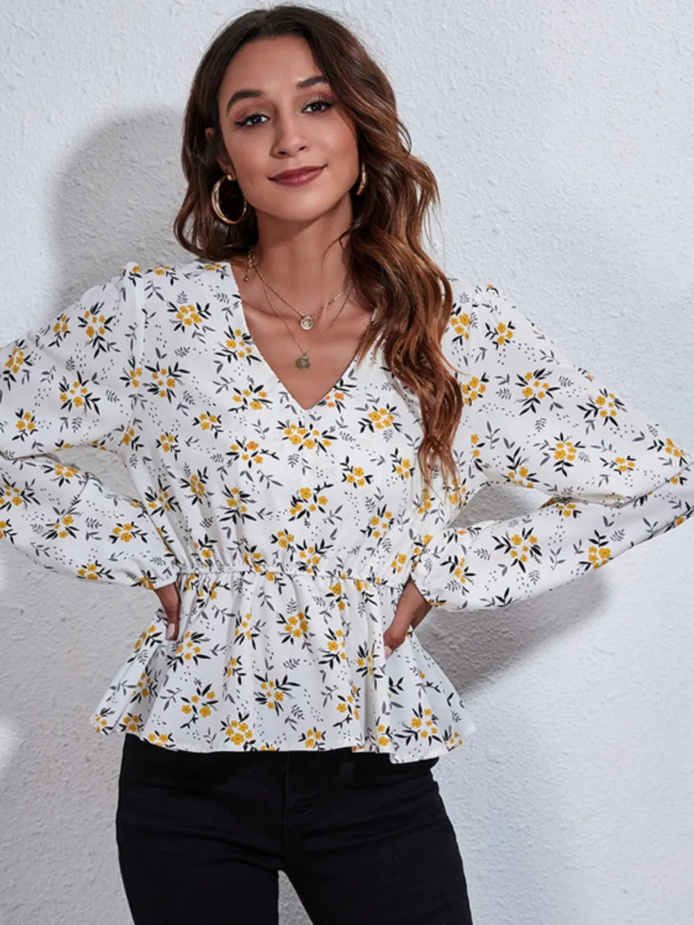 Ruched Printed V-neck Long Sleeve Blouse (18)