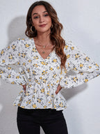 Ruched Printed V-neck Long Sleeve Blouse (18)