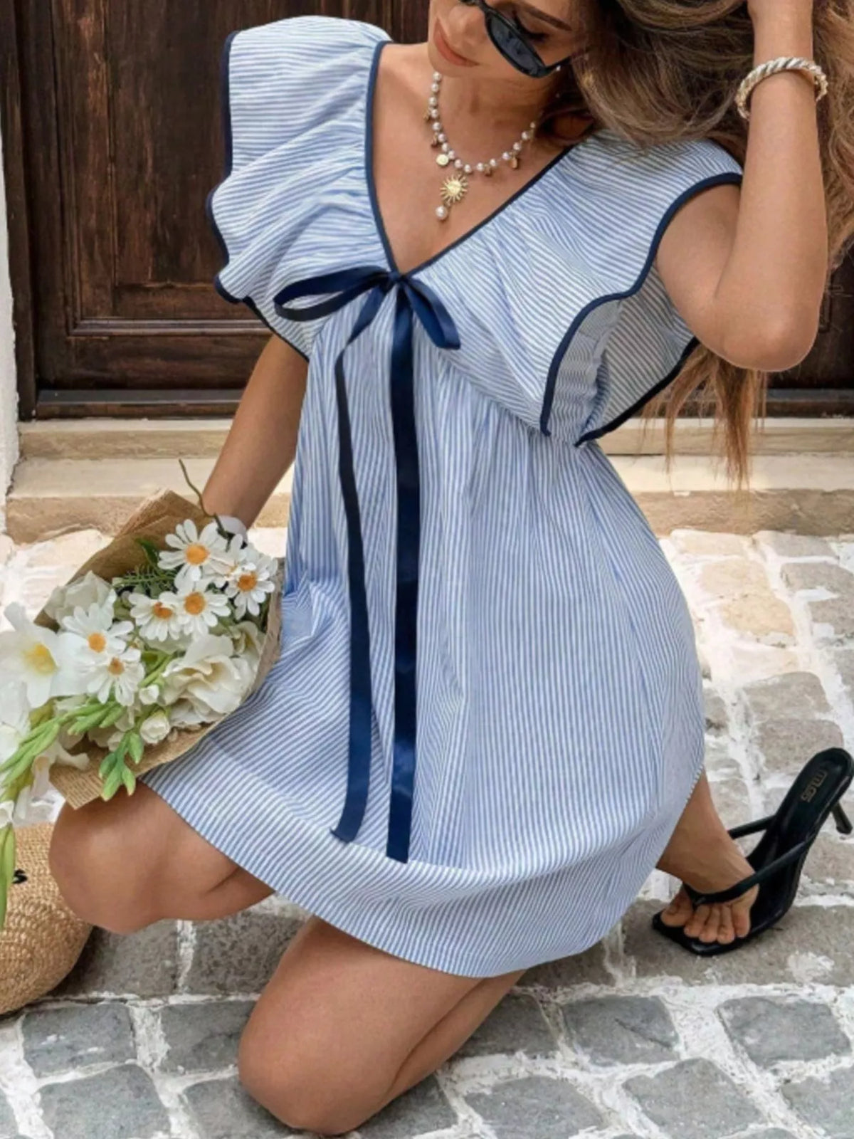 Striped Ruffle Sleeve Mini Dress (3)