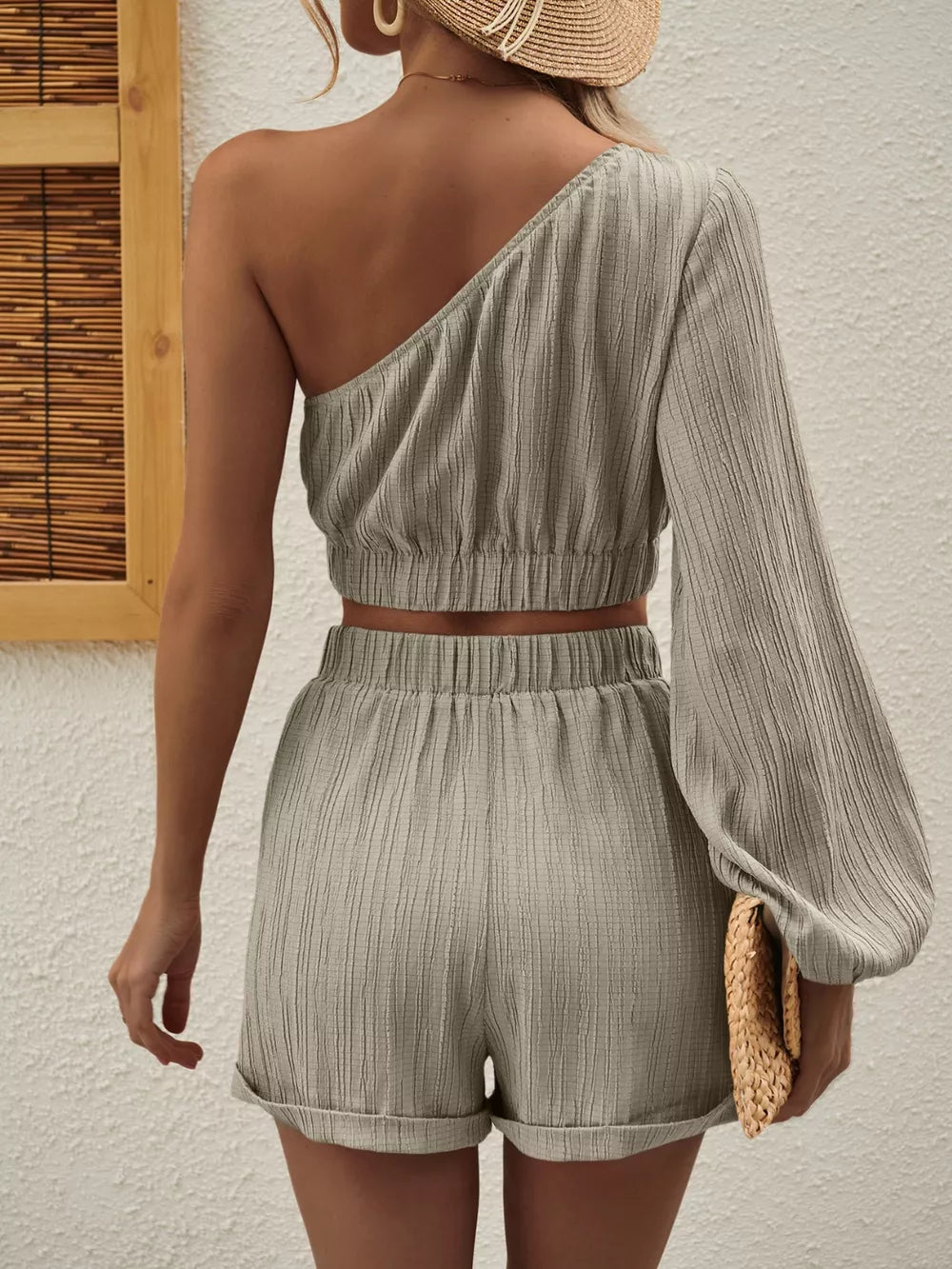 One Shoulder Long Sleeve Top Shorts Set (16)