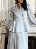 Frill Lapel Collar Top Pleated Skirt Set (2)