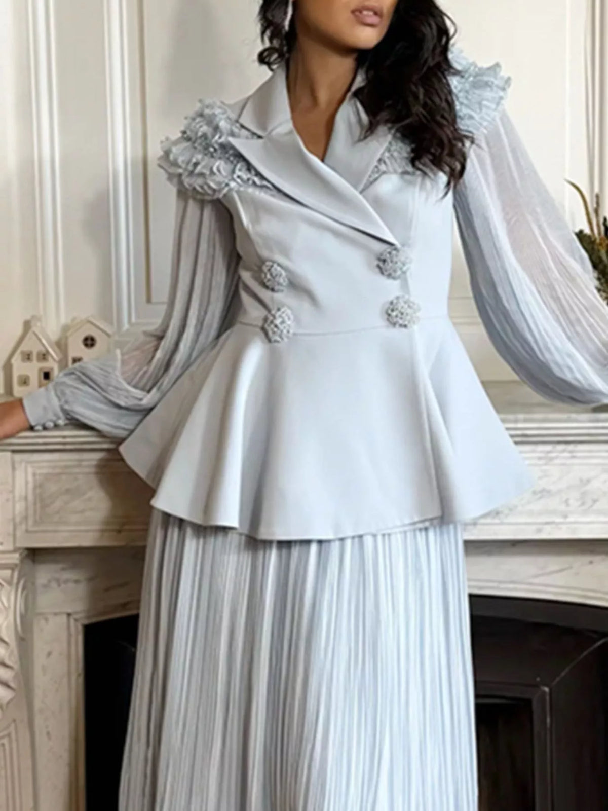 Frill Lapel Collar Top Pleated Skirt Set (2)