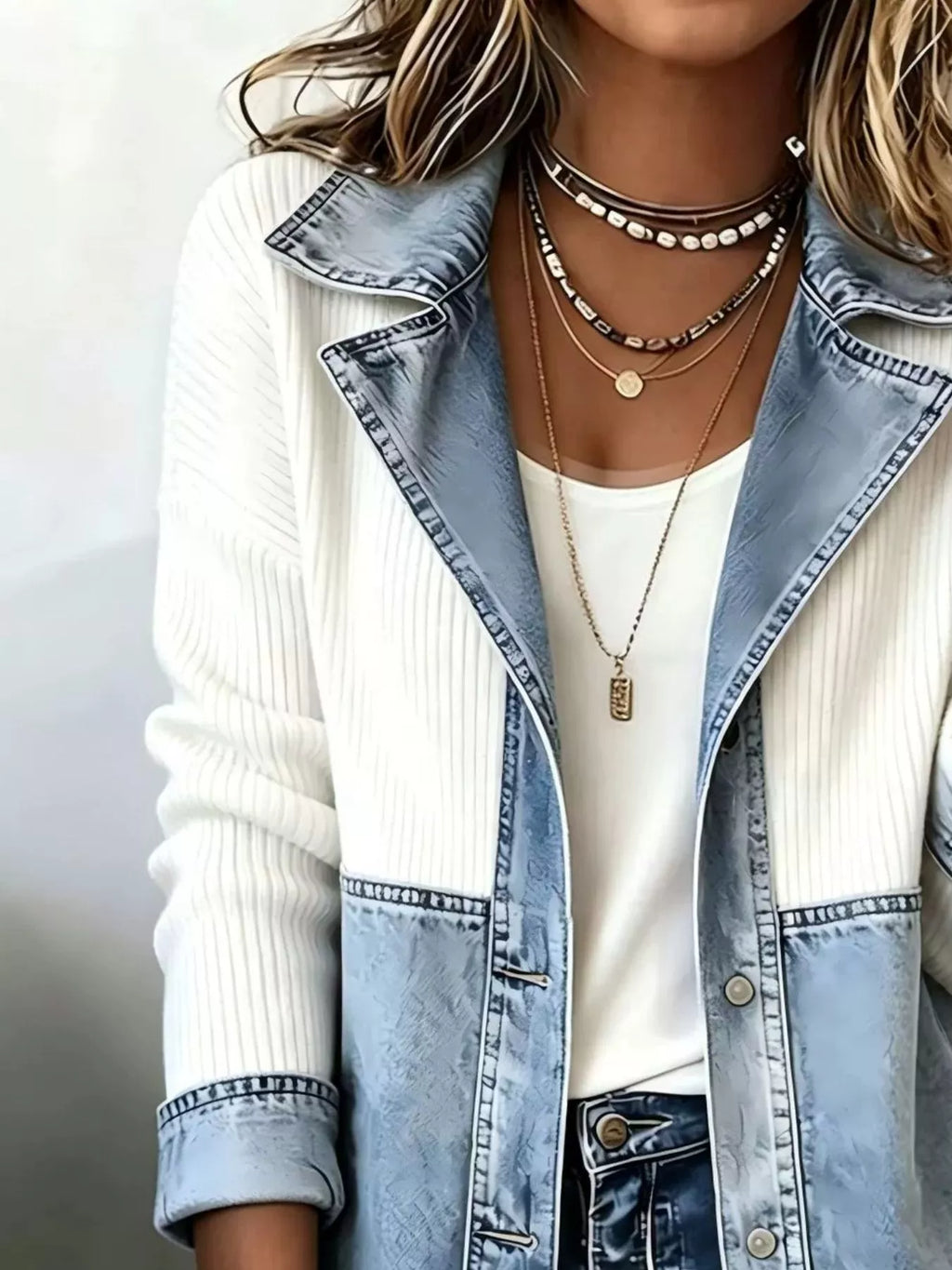 Color-block Denim Knit Patchwork Casual Jacket (2)