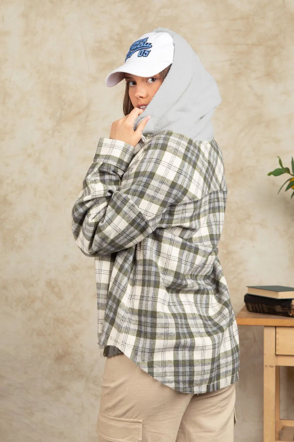 Drawstring Plaid Long Sleeve Hooded Jacket (9)