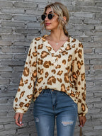 Leopard V-neck Decorative Button Long Sleeve Blouse