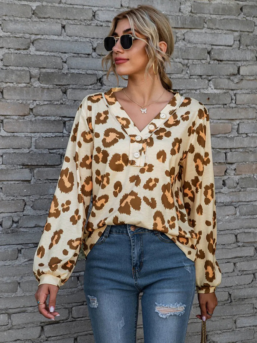 Leopard V-neck Decorative Button Long Sleeve Blouse