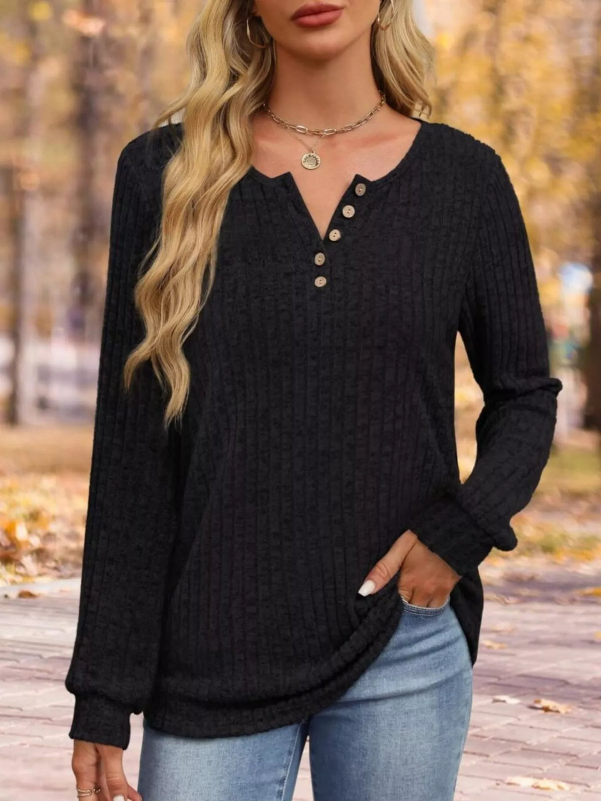 Ribbed Knit Button-front Long Sleeve T-shirt