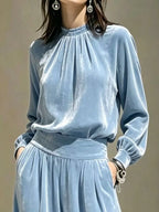 Velvet Mock Neck Long Sleeve Top Wide-leg Pants Set (2)