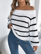 Striped Off-shoulder Long Sleeve Sweater (6)