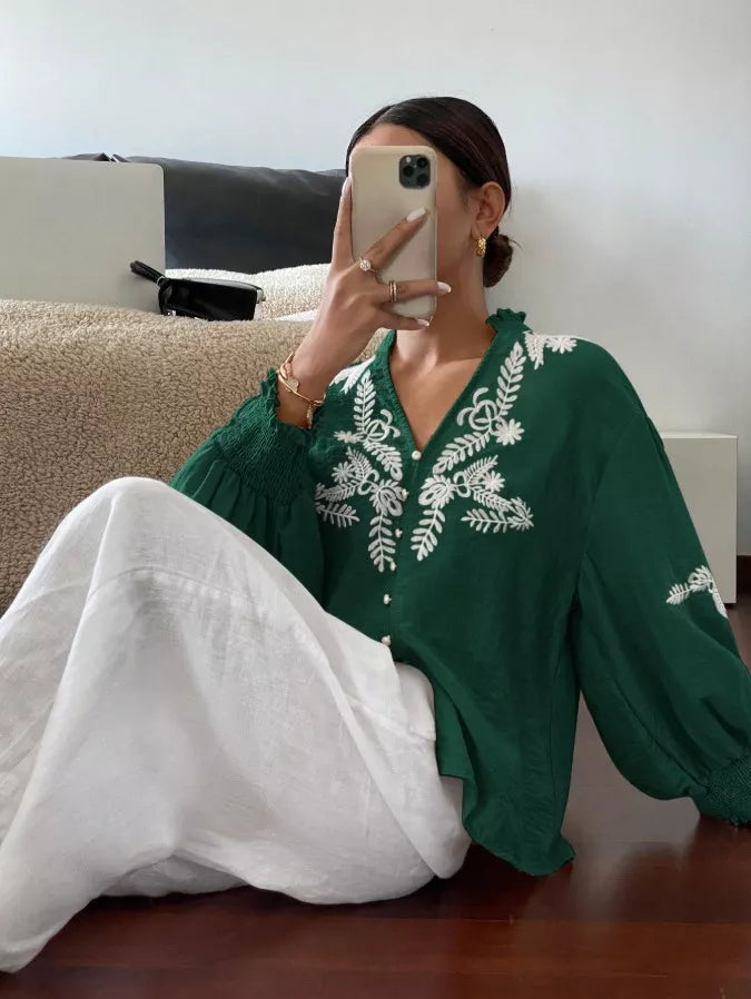 Embroidered Notched Long Sleeve Blouse (18)