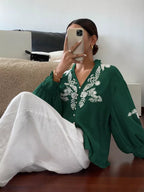 Embroidered Notched Long Sleeve Blouse (18)