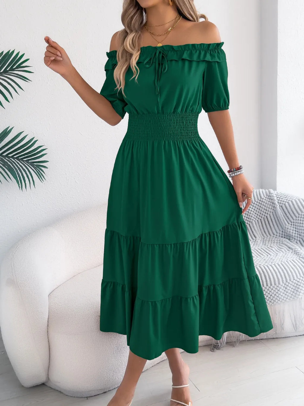 Smocked Off-shoulder Tiered Dress (7)