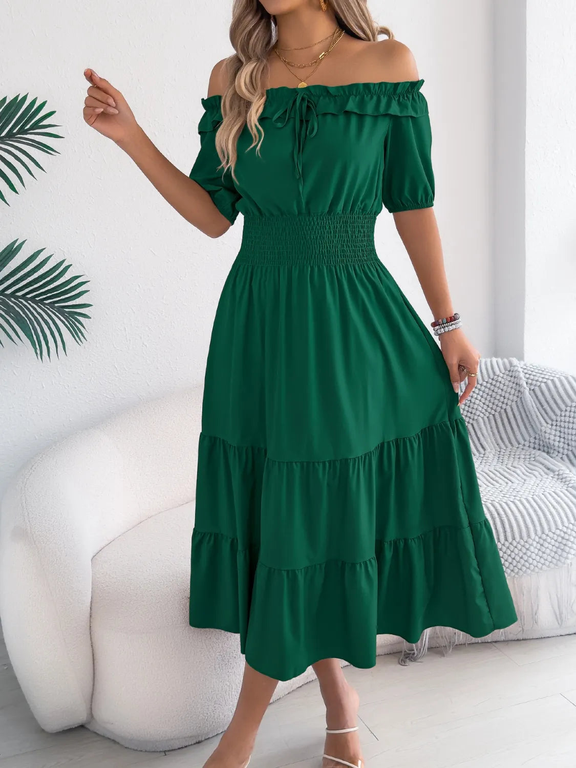 Smocked Off-shoulder Tiered Dress (7)