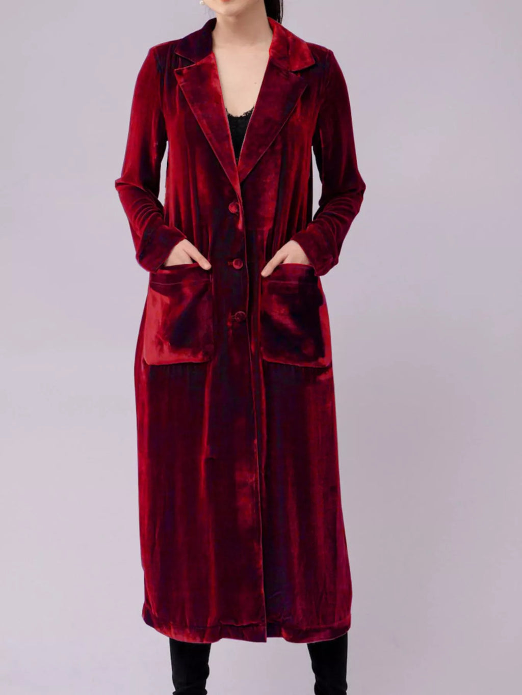 Velvet Lapel Collar Longline Coat (13)