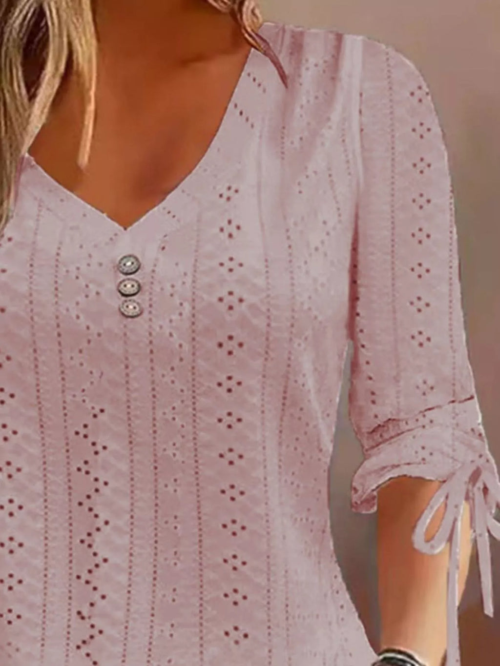 Full Size V-neck Eyelet Drawstring Sleeve Top Plus (10)