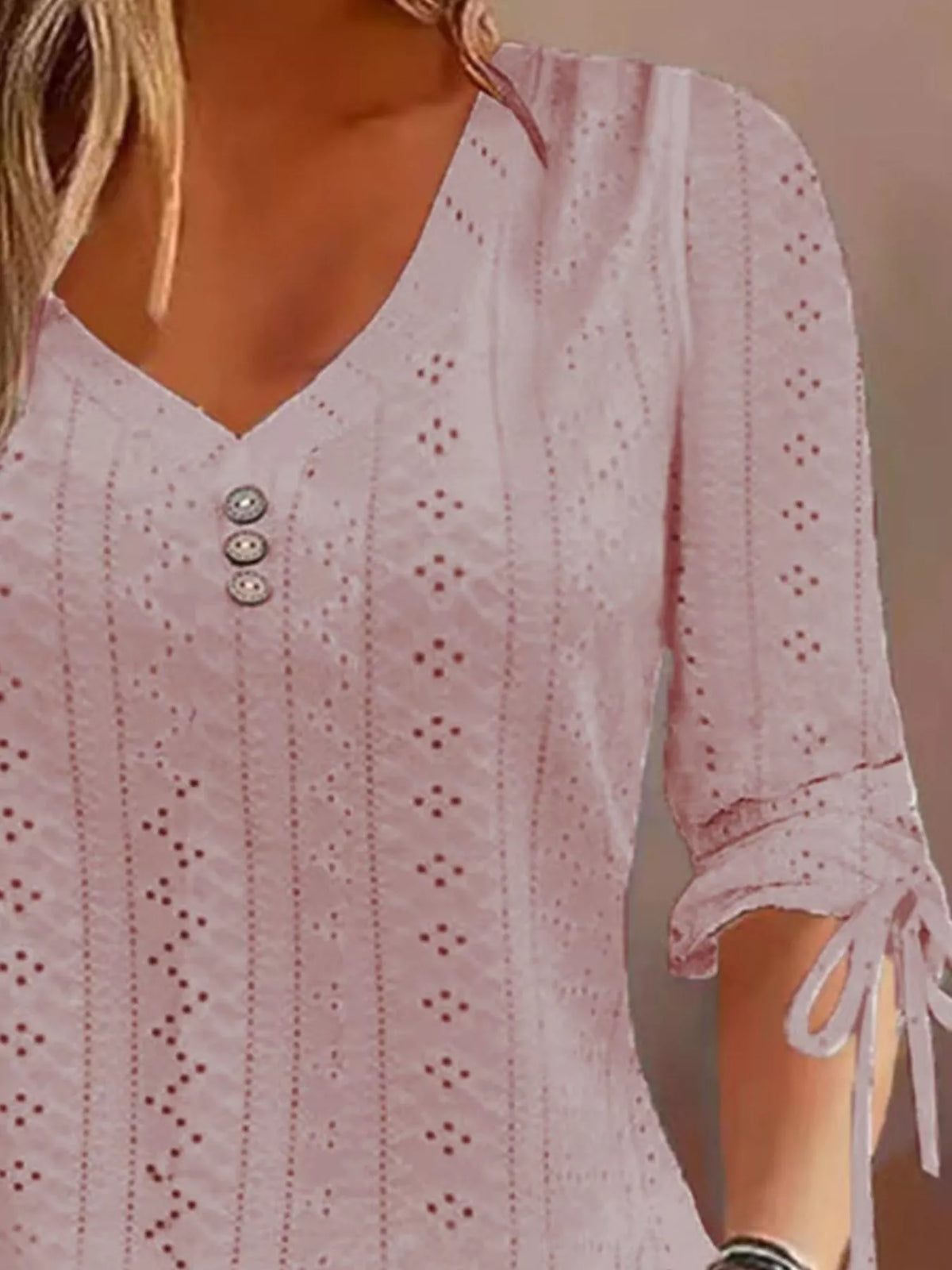 Full Size V-neck Eyelet Drawstring Sleeve Top Plus (10)
