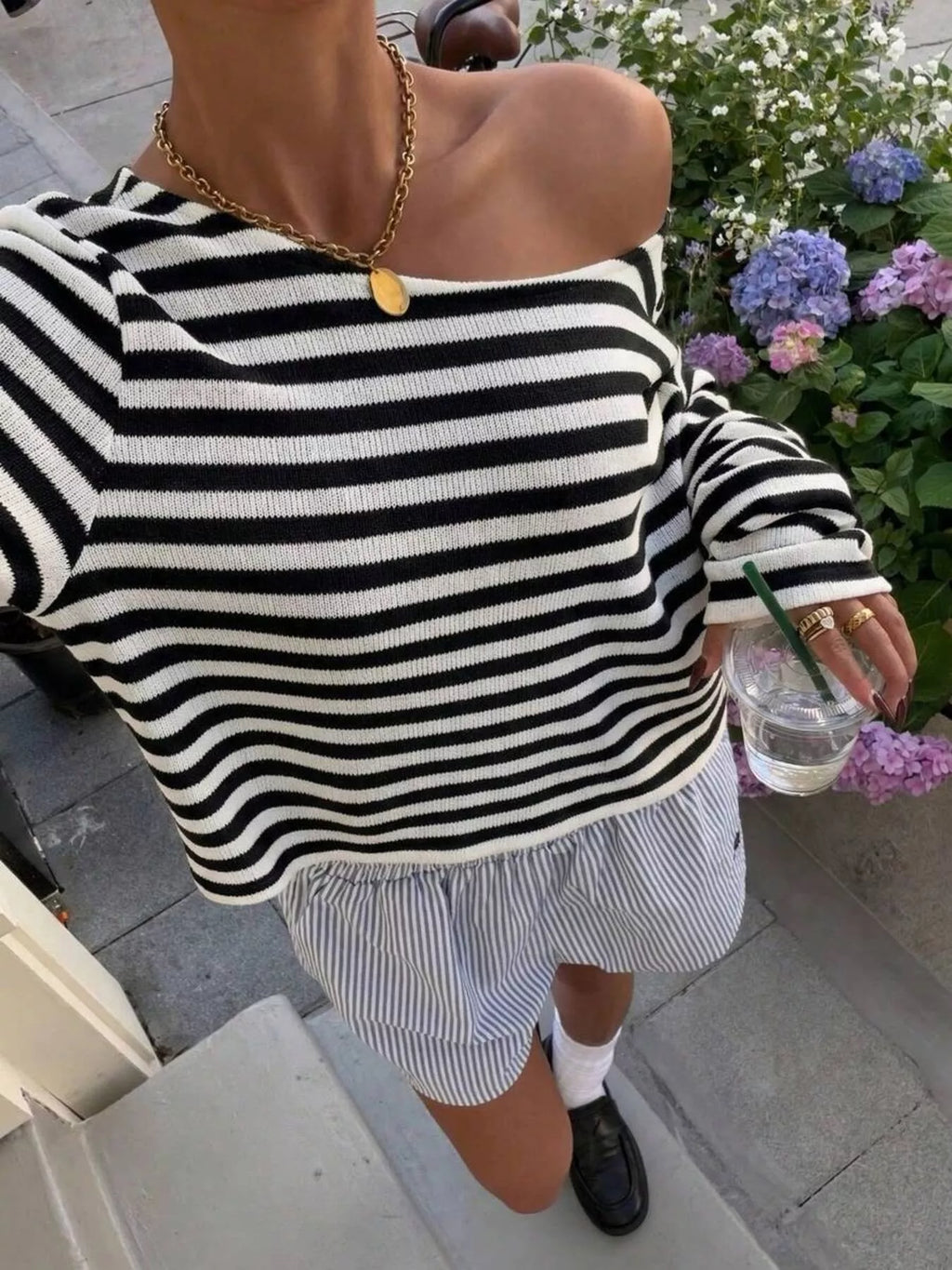 Boat Neck Striped Long Sleeve T-shirt