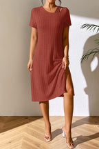Ribbed Asymmetrical Neck Short Sleeve Dress (5)