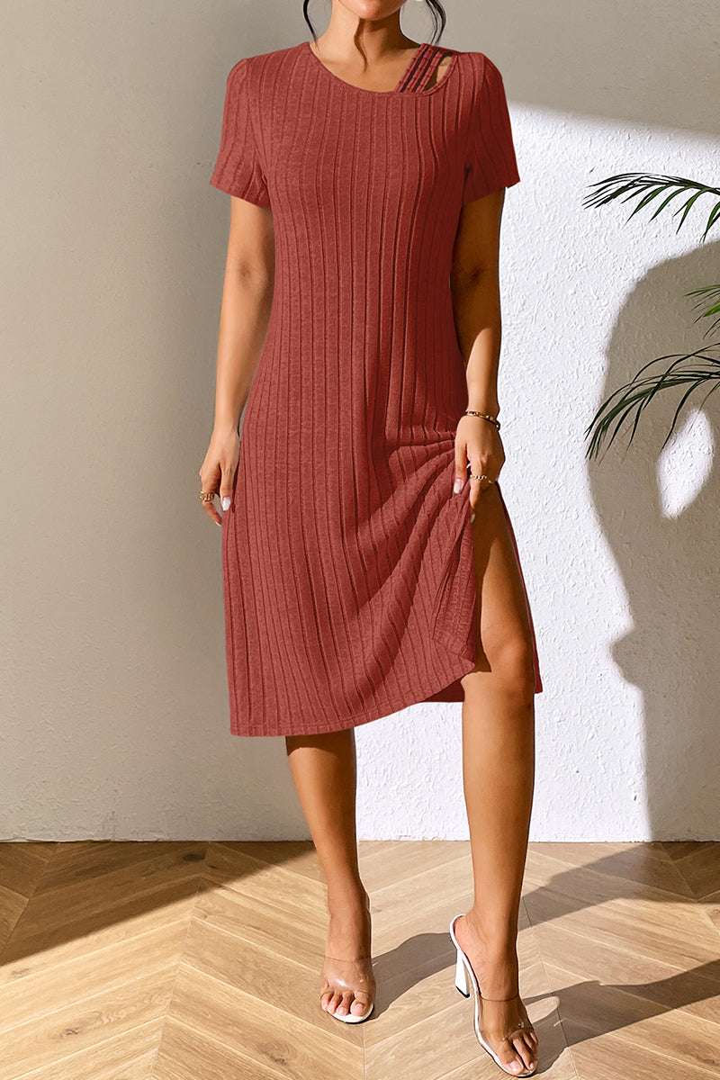 Ribbed Asymmetrical Neck Short Sleeve Dress (5)