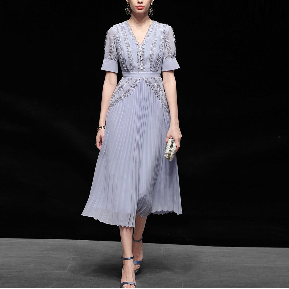 V-neck Tight Waist Pleated Swing Long Jumpsuit Bud variant CJLY179304901AZ|CJLY179304902BY|CJLY179304903CX|CJLY179304904DW|CJLY179304905EV