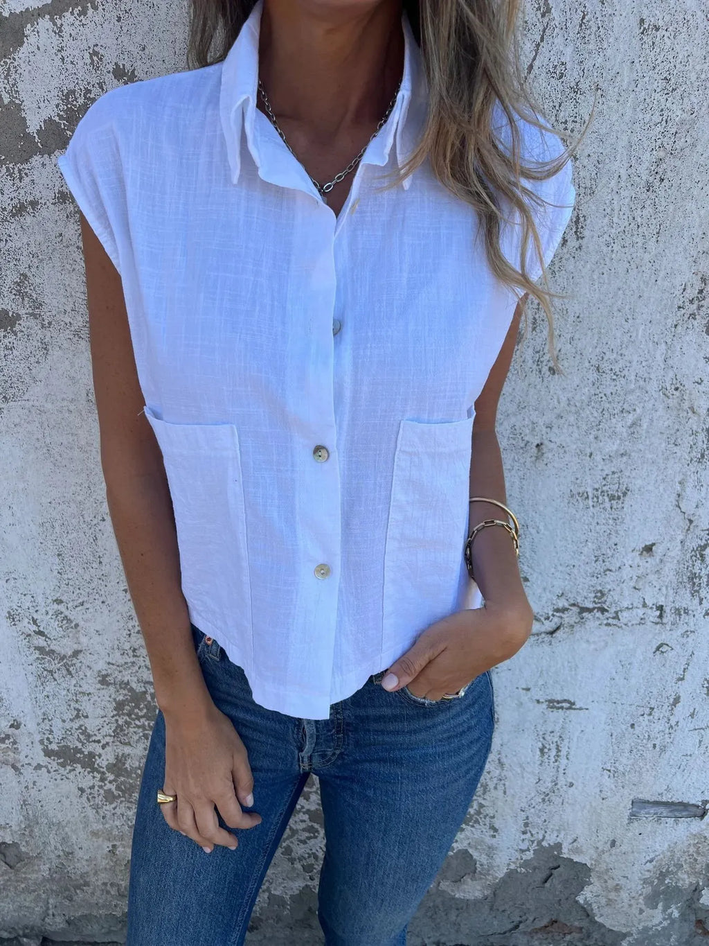 Full Size Textured Button-front Sleeveless Shirt Plus (18)
