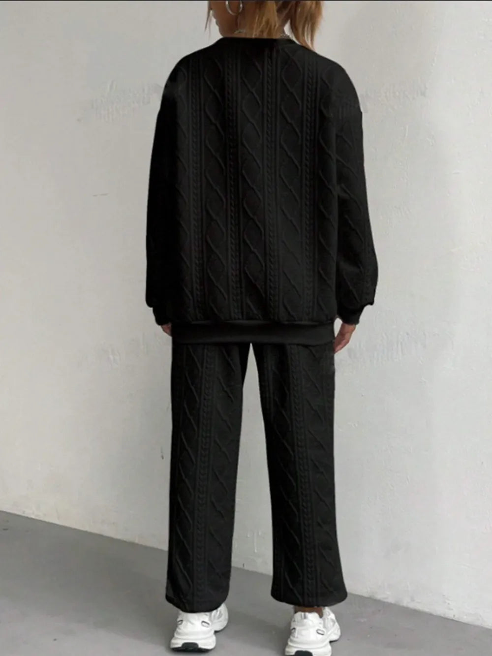 Texture Round Neck Top Pants Set (7)