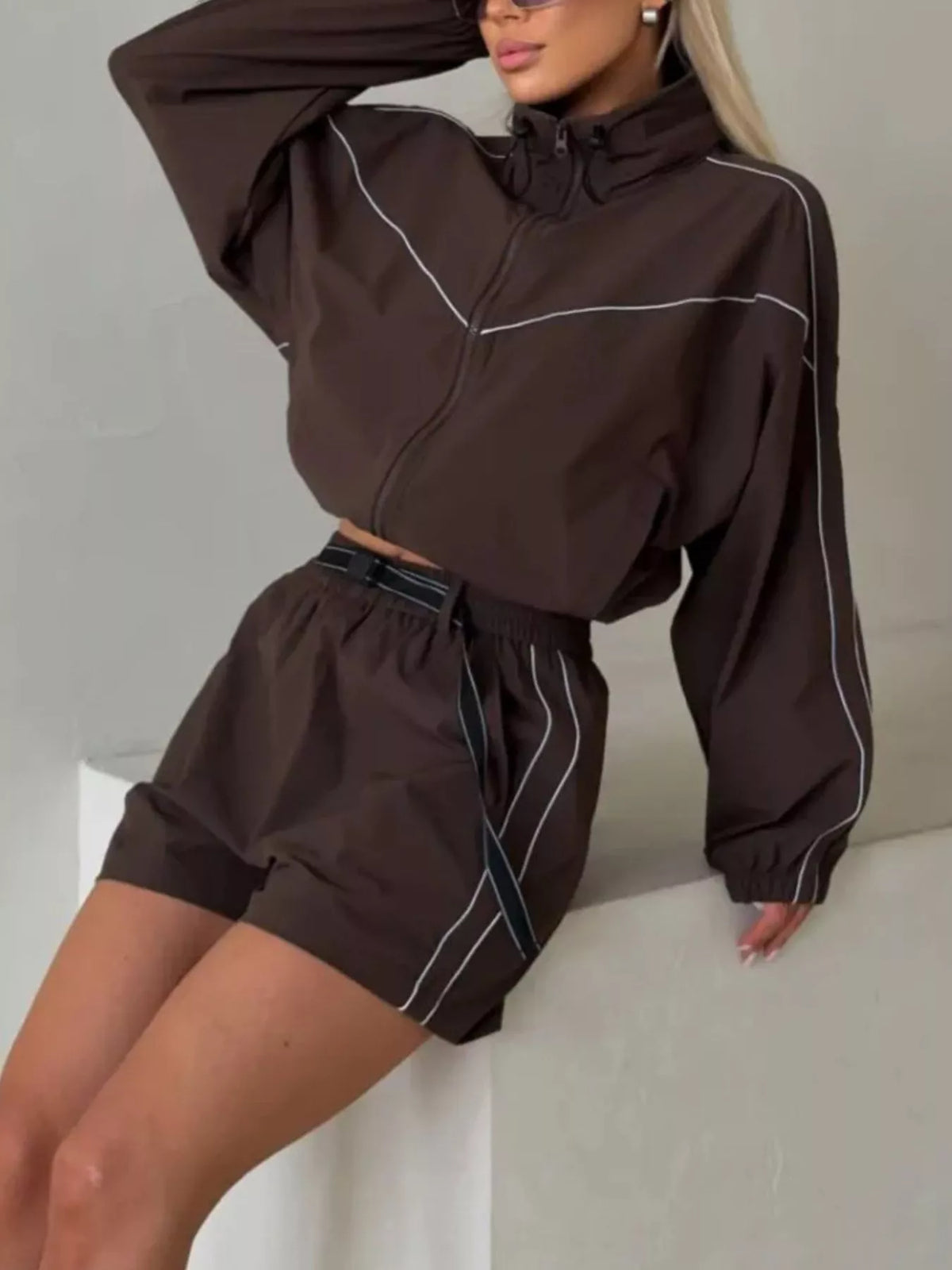 Drawstring Zip-up Jacket Shorts Set (5)