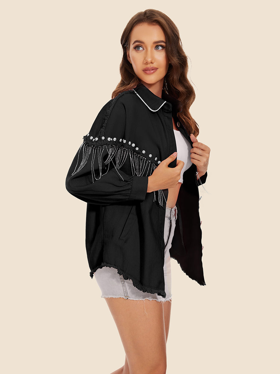 Raw Hem Fringe Detail Denim Jacket (5)