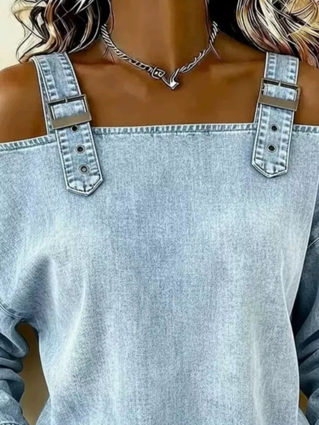 Full Size Buckle Strap Long Sleeve Denim Top Plus (2)
