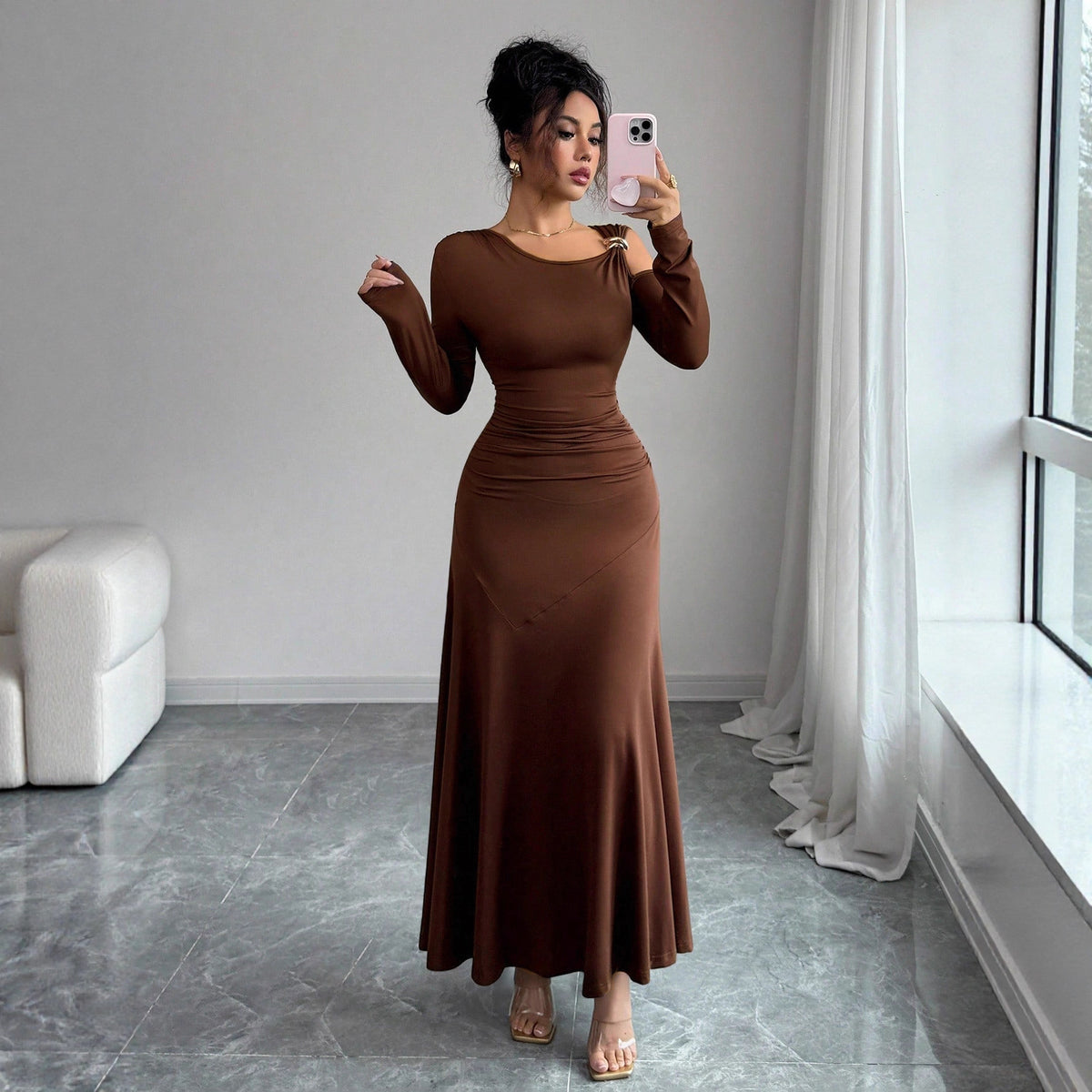 Solid-color Off-shoulder Long-sleeve Dress photo 1